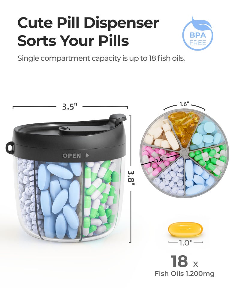 AMOOS Cute Pill Dispenser with 7 Large Compartments, Portable Pill Bottle Organizer with Wide Opening for Easy Use, Anti-Mix Pill Organizer for Travel, BPA-Free Pill Container, Black - Image 2