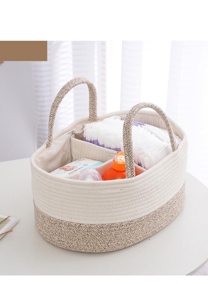 Cotton rope woven compartment storage basket, maternal and child supplies storage, diapers, bottles, tissues, toys, sundries multifunctional compartment storage basket, white brown 38*25*17cm - Image 1
