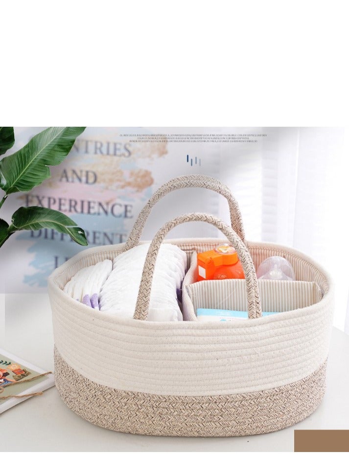 Cotton rope woven compartment storage basket, maternal and child supplies storage, diapers, bottles, tissues, toys, sundries multifunctional compartment storage basket, white brown 38*25*17cm - Image 2