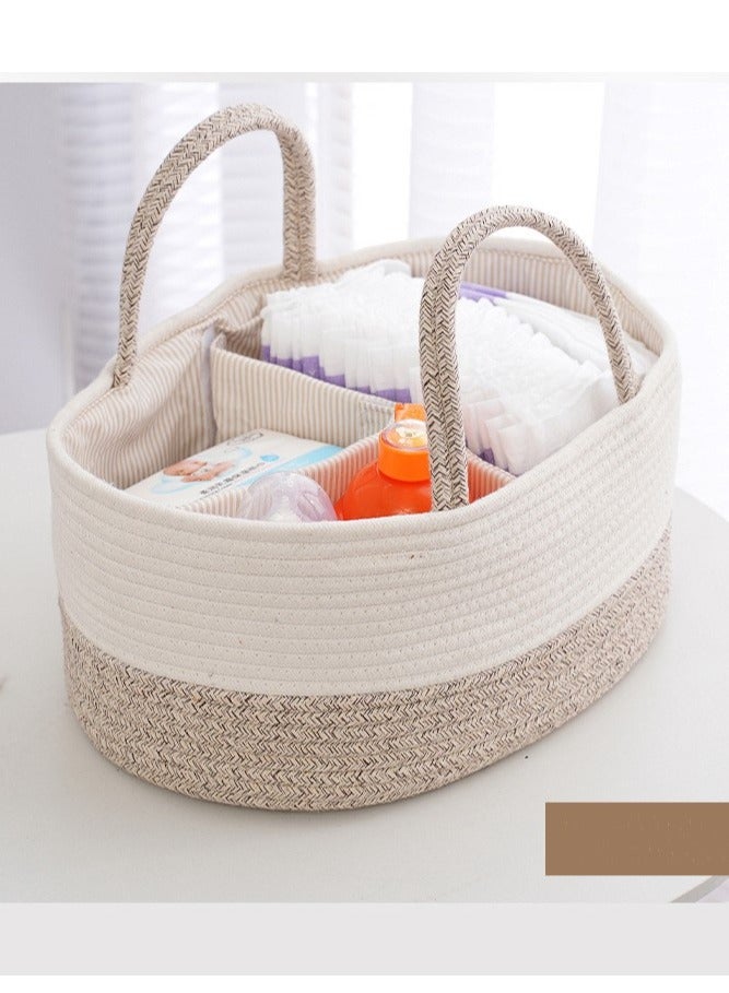 Cotton rope woven compartment storage basket, maternal and child supplies storage, diapers, bottles, tissues, toys, sundries multifunctional compartment storage basket, white brown 38*25*17cm - Image 3