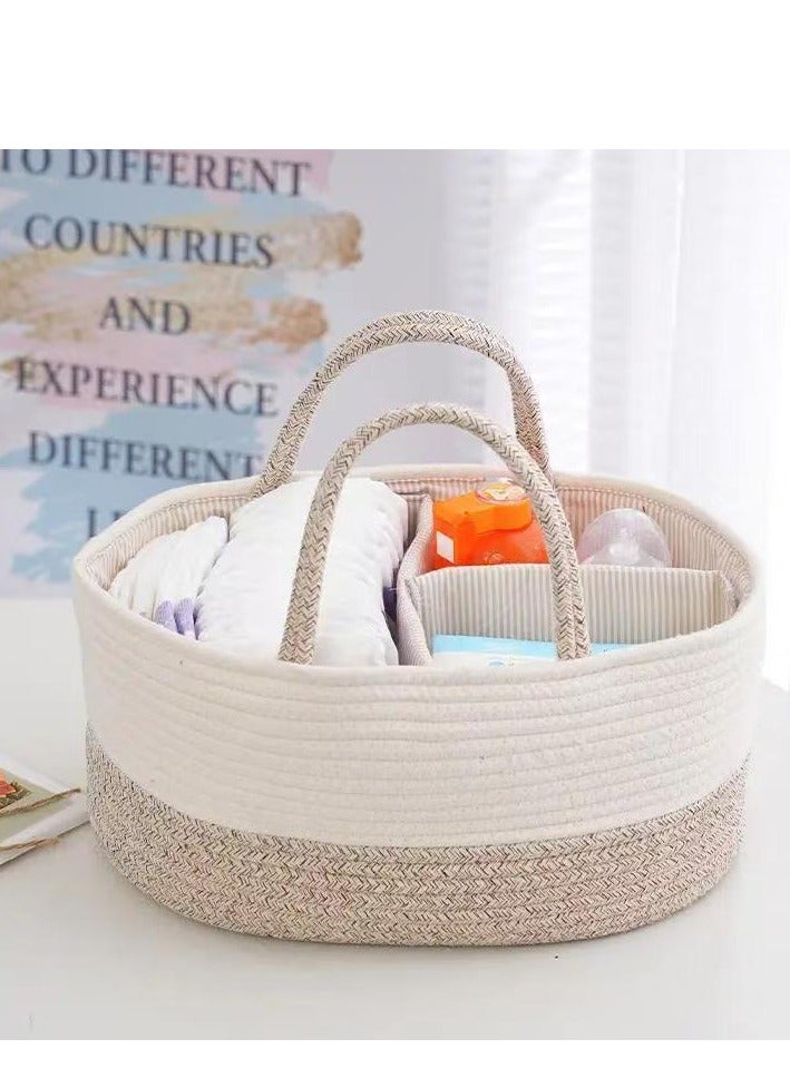 Cotton rope woven compartment storage basket, maternal and child supplies storage, diapers, bottles, tissues, toys, sundries multifunctional compartment storage basket, white brown 38*25*17cm - Image 4