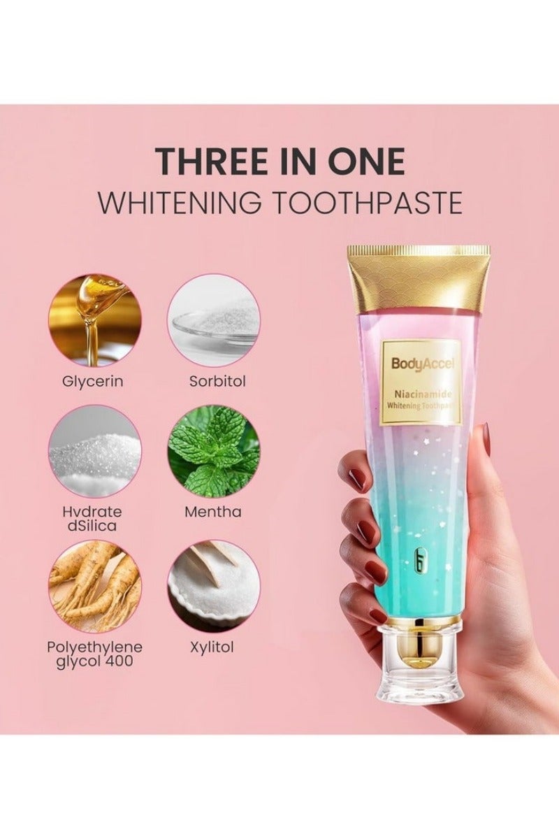 بودي أكسيل معجون أسنان نياسيناميد من بودي أكسيل تبييض ثلاثي لإزالة البقع طبيعي ولطيف للنفس المنعش - Image 5