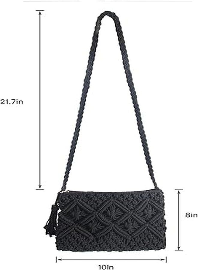 PARAH Boho Crocheted Crossbody Summer Beach Bag, Shoulder Bag with Tassel (Black) - Image 2