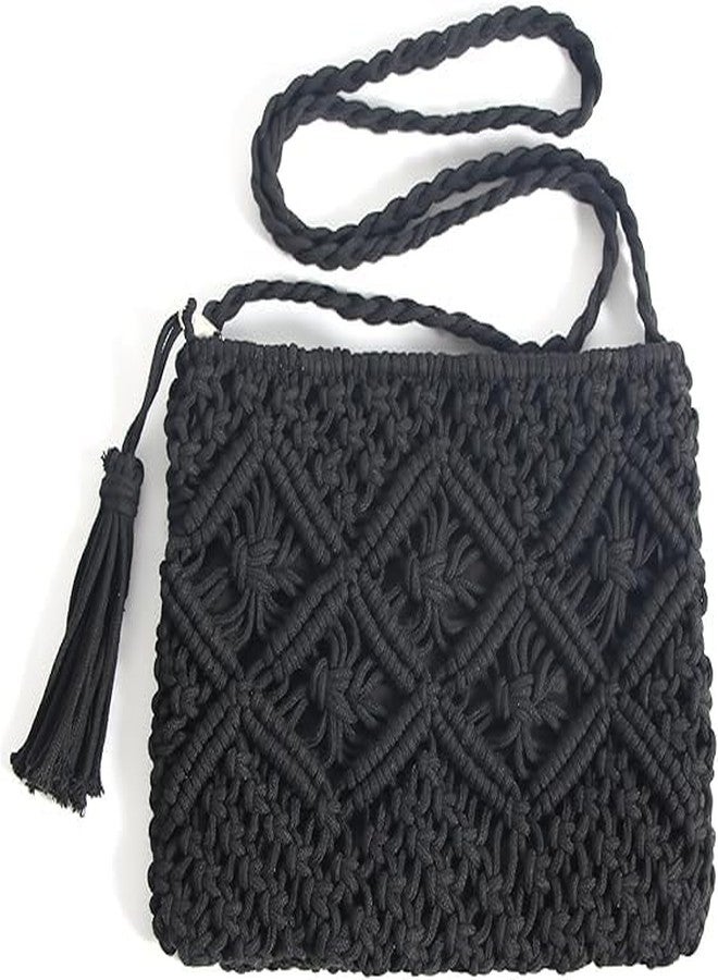 PARAH Boho Crocheted Crossbody Summer Beach Bag, Shoulder Bag with Tassel (Black) - Image 1