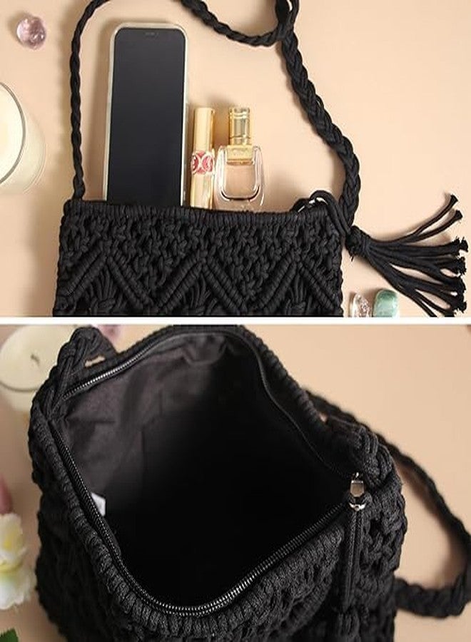 PARAH Boho Crocheted Crossbody Summer Beach Bag, Shoulder Bag with Tassel (Black) - Image 4