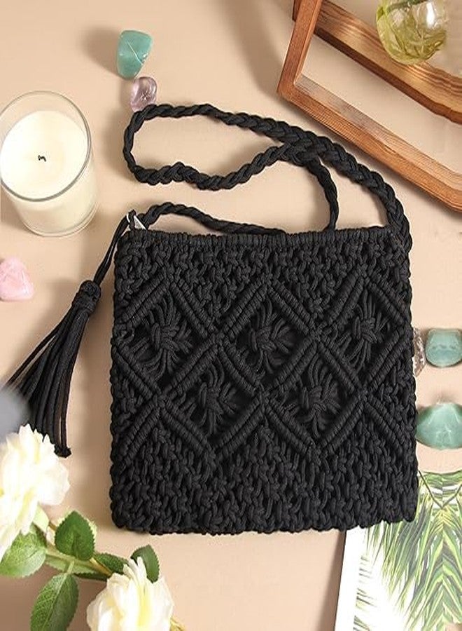 PARAH Boho Crocheted Crossbody Summer Beach Bag, Shoulder Bag with Tassel (Black) - Image 5