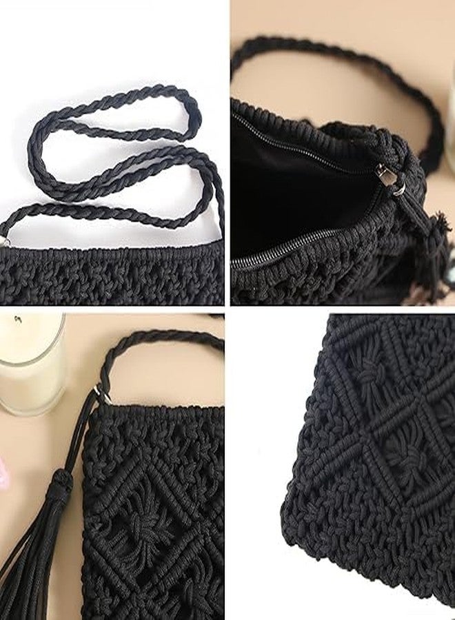 PARAH Boho Crocheted Crossbody Summer Beach Bag, Shoulder Bag with Tassel (Black) - Image 3
