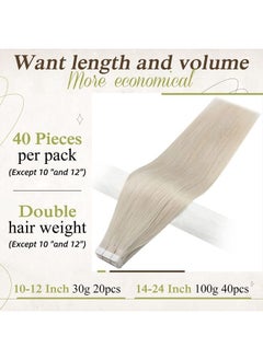 Full Shine Blonde Tape in Hair Extensions 20 Inch Real Human Hair Tape in Extensions Color 1000 Ice Blonde Adhesive Hair Extension 40 Pcs 100 Gram Double Sided Tape Hair for Women  - Image 2