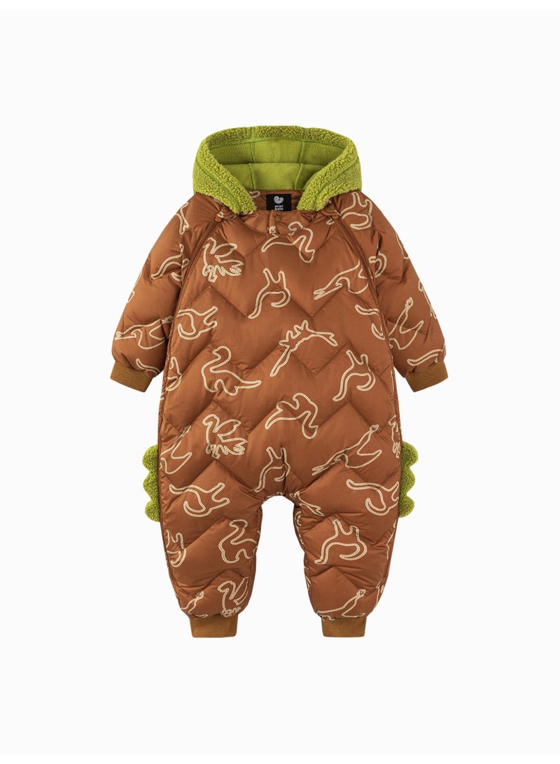 mini bala Unisex Children's Cute Dinosaur-inspired Puffer Jumpsuit, Warm, Windproof, Hood with Plush Details, Ribbed Cuffs, Winter Casual Outdoor Kids' Snowsuit - Image 4
