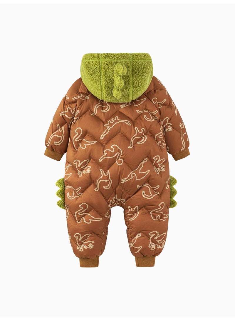mini bala Unisex Children's Cute Dinosaur-inspired Puffer Jumpsuit, Warm, Windproof, Hood with Plush Details, Ribbed Cuffs, Winter Casual Outdoor Kids' Snowsuit - Image 5