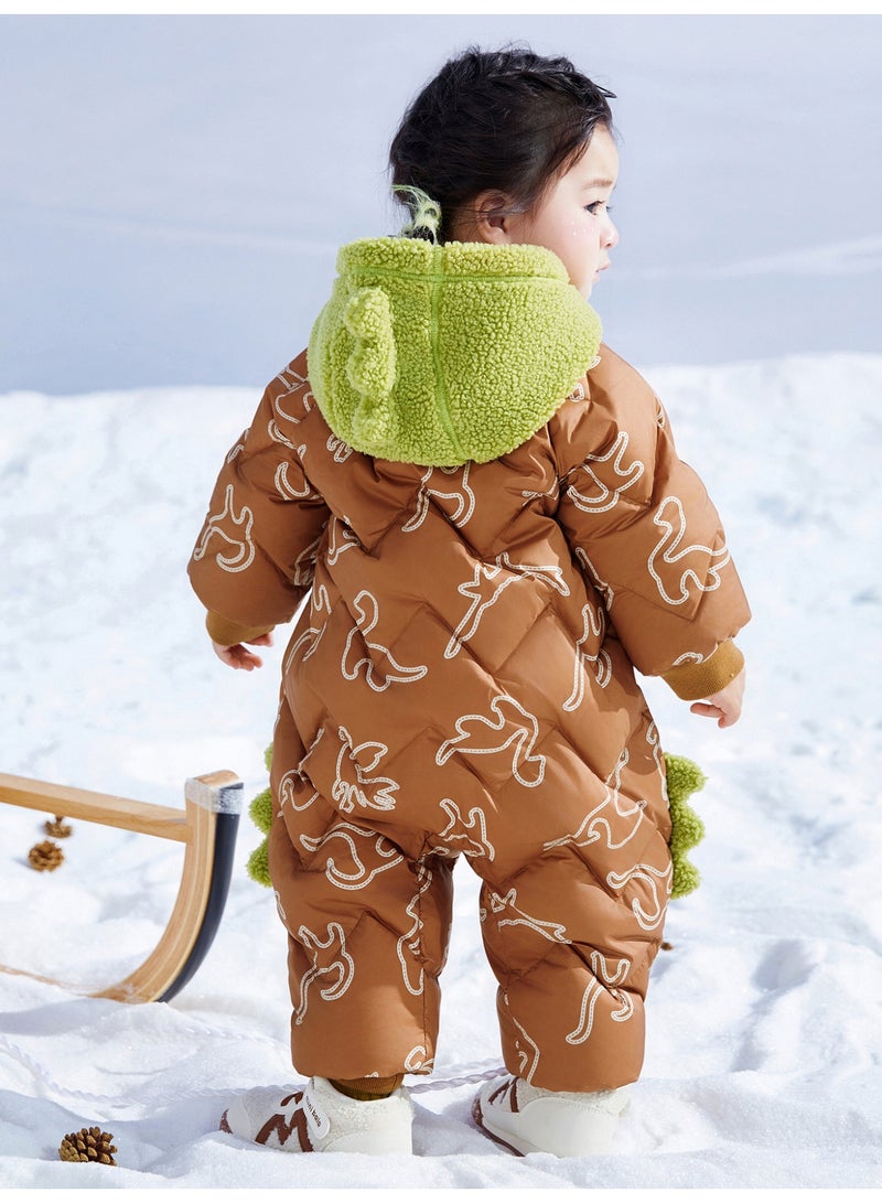 mini bala Unisex Children's Cute Dinosaur-inspired Puffer Jumpsuit, Warm, Windproof, Hood with Plush Details, Ribbed Cuffs, Winter Casual Outdoor Kids' Snowsuit - Image 3
