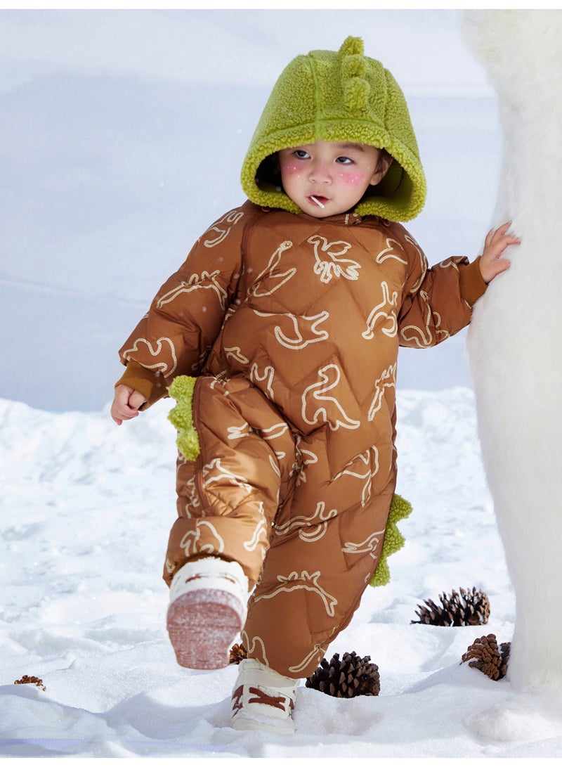 mini bala Unisex Children's Cute Dinosaur-inspired Puffer Jumpsuit, Warm, Windproof, Hood with Plush Details, Ribbed Cuffs, Winter Casual Outdoor Kids' Snowsuit - Image 2