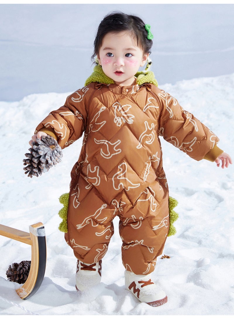 mini bala Unisex Children's Cute Dinosaur-inspired Puffer Jumpsuit, Warm, Windproof, Hood with Plush Details, Ribbed Cuffs, Winter Casual Outdoor Kids' Snowsuit - Image 1