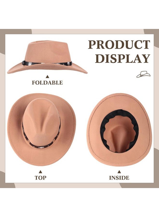 Toulite 5 Pcs Cowboy Hats for Women Western Faux Felt Cowgirl Hats Wide Brim Belt Buckle Panama Hat Adjustable for Adults Cowboy Themed Party Cosplay Costume, Black, Camel, Dark Coffee, Khaki, White, - Image 4