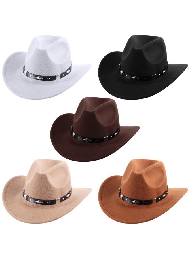 Toulite 5 Pcs Cowboy Hats for Women Western Faux Felt Cowgirl Hats Wide Brim Belt Buckle Panama Hat Adjustable for Adults Cowboy Themed Party Cosplay Costume, Black, Camel, Dark Coffee, Khaki, White, - Image 1