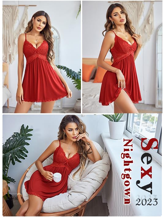 Avidlove Sexy Sleepwear Womens Chemise Nightgown Full Slip Lace Lounge Dress (Red, XL) - Image 5