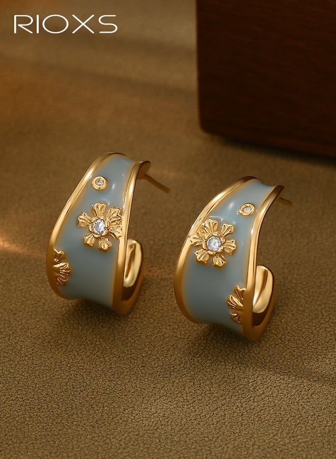RIOXS Vintage Drip Flower Hoop Earrings for Women, Elegant Hoop Earrings with Blue/Teal Enamel and Golden Flower Pattern, Versatile Ear Accessories for Lady Fashion - Image 1
