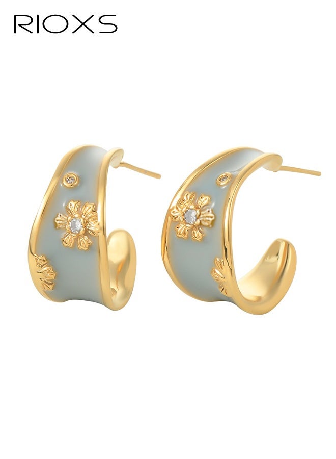 RIOXS Vintage Drip Flower Hoop Earrings for Women, Elegant Hoop Earrings with Blue/Teal Enamel and Golden Flower Pattern, Versatile Ear Accessories for Lady Fashion - Image 5