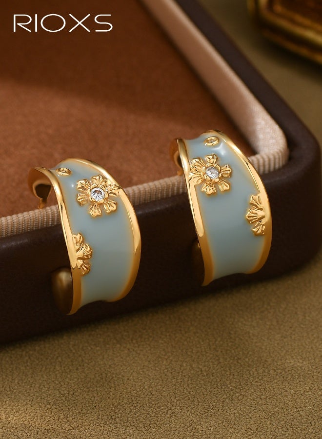 RIOXS Vintage Drip Flower Hoop Earrings for Women, Elegant Hoop Earrings with Blue/Teal Enamel and Golden Flower Pattern, Versatile Ear Accessories for Lady Fashion - Image 4