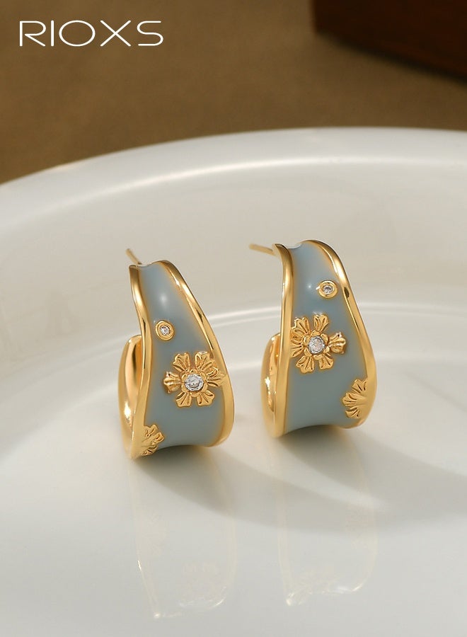 RIOXS Vintage Drip Flower Hoop Earrings for Women, Elegant Hoop Earrings with Blue/Teal Enamel and Golden Flower Pattern, Versatile Ear Accessories for Lady Fashion - Image 2