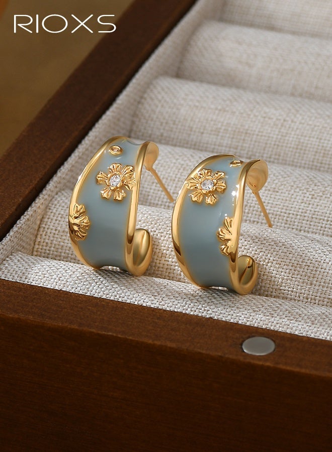 RIOXS Vintage Drip Flower Hoop Earrings for Women, Elegant Hoop Earrings with Blue/Teal Enamel and Golden Flower Pattern, Versatile Ear Accessories for Lady Fashion - Image 3