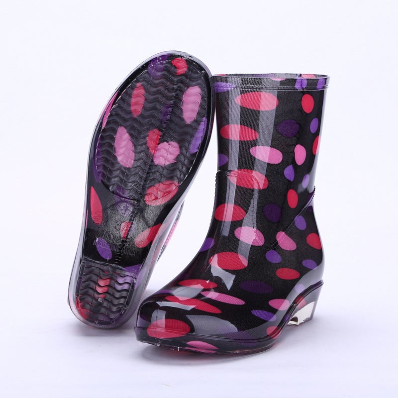 Korean Style Fleece-lined Mid-barrel Fashion Rain Boots Womens Outerwear New Fashionable Crystal Work Womens Rain Boots203 dot red 203 dot red 