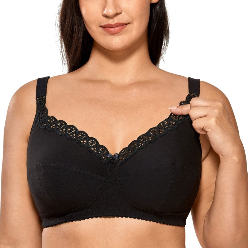 Gratlin Womens Plus Size Cotton Nursing Bra Wireless Breastfeeding Maternity Bras Black 40F - Image 2