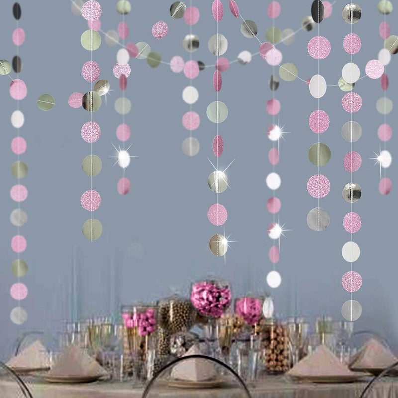 Decor365 Pink Silver Glitter Dot Garland Party Decorations Circle Streamers for Birthdays Baby Showers Bridal Showers Gender Reveals Baby Gender Reveal Christmas New Years Eve Graduation