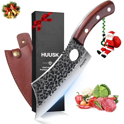 Huusk Meat Cleaver Knife, Hand Forged Butcher Knife for Meat Cutting, Full Tang Viking Knives with Sheath, Japanese Chef Knives for Outdoor Cooking, Camping, BBQ, Christmas Gift for Man and Women - Image 1