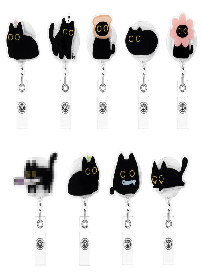 Eartim Cute Black Cat Funny Badge Reel - 9Pcs Lovely Animal Acrylic Retractable ID Badge with Metal Clip Name Tag Holder for Nurse Cat Lover Office Staff Student Birthday Gift Halloween Party Supplies - Image 1