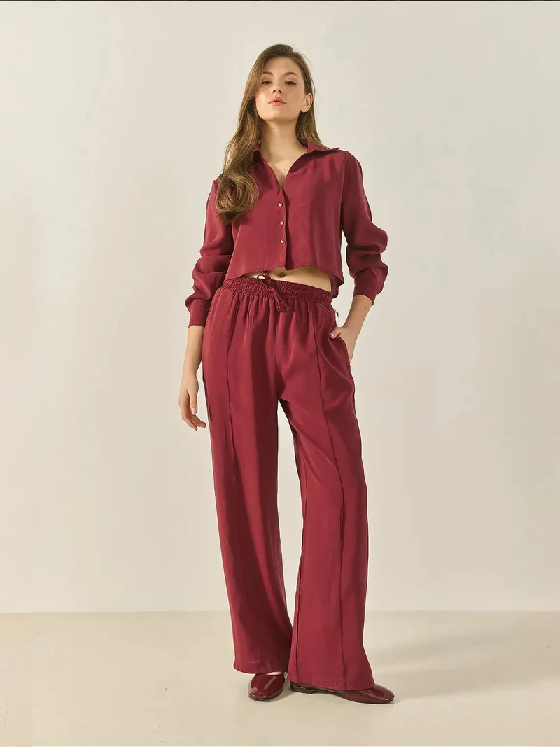 Bianco Lucci LUCCI Long Wide Leg Two-Piece Coord Set with Shirt Collar