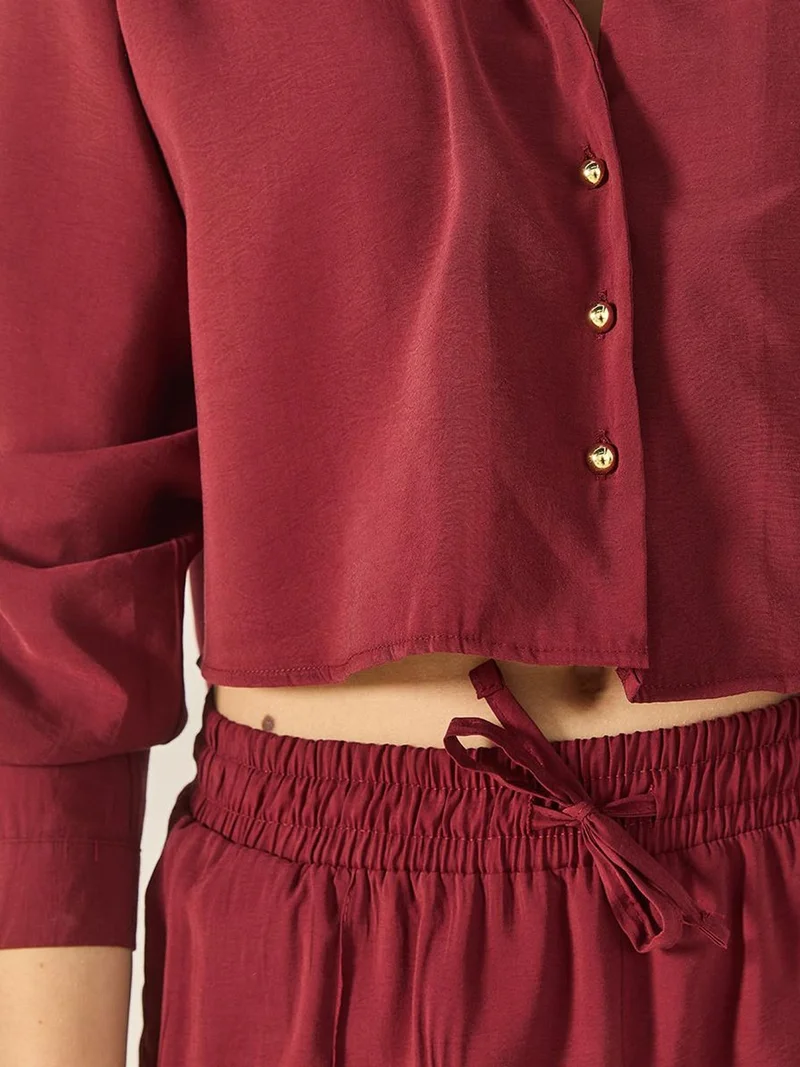 Bianco Lucci LUCCI Long Wide Leg Two-Piece Coord Set with Shirt Collar