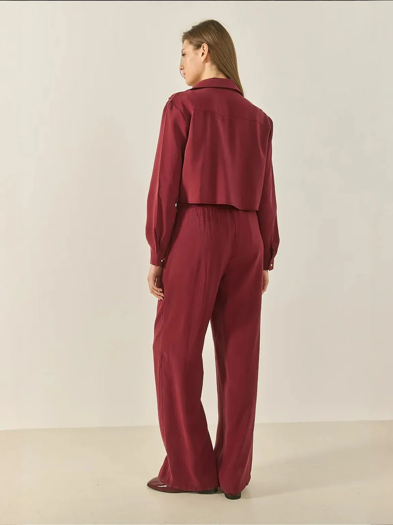 Bianco Lucci LUCCI Long Wide Leg Two-Piece Coord Set with Shirt Collar