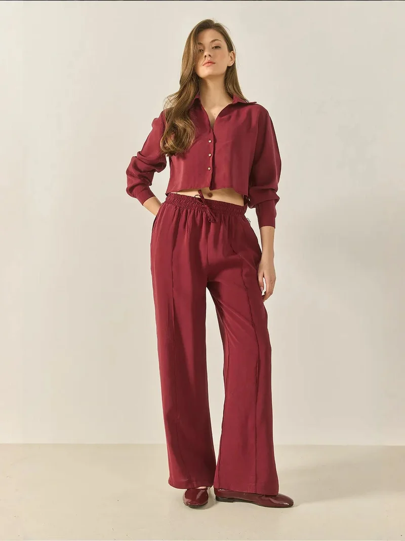 Bianco Lucci LUCCI Long Wide Leg Two-Piece Coord Set with Shirt Collar
