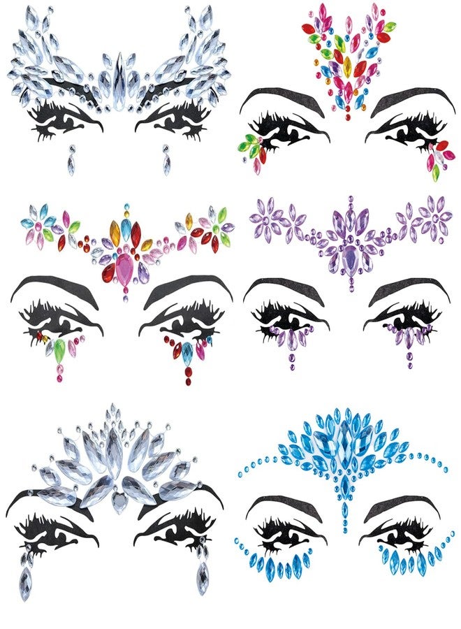 La Jolie Jasmin 6 Sheets Face Jewels Face Gems Self Adhesive Rhinestones for Makeup Rave Accessories Stick On for Costumes Holiday Festival - Image 1