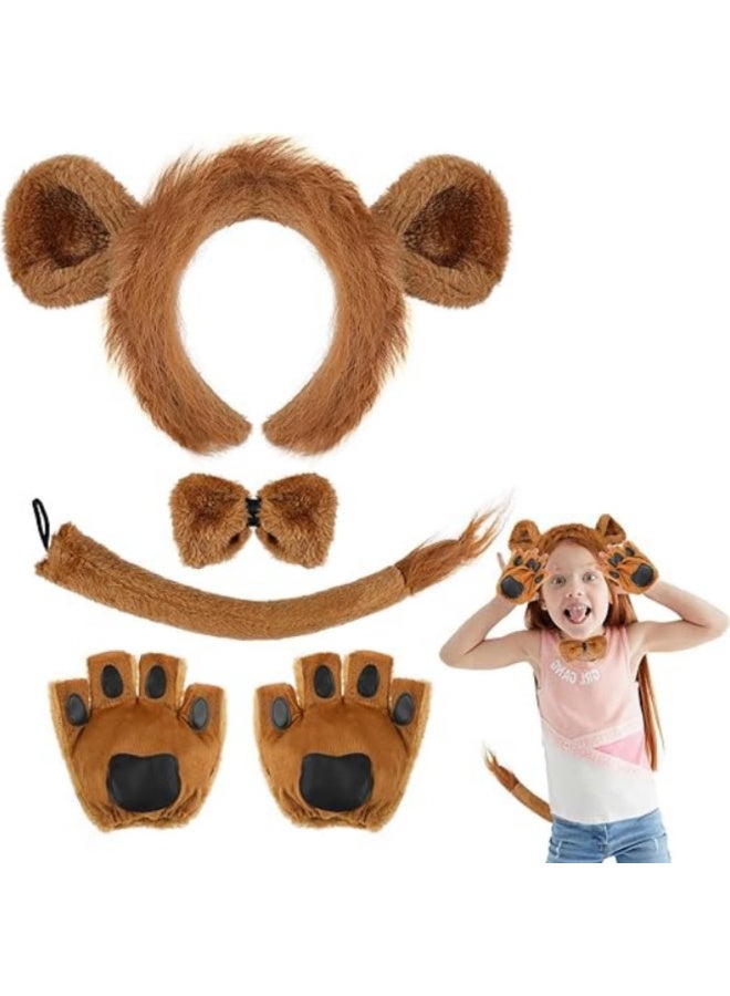 5Pcs Lion Costume Set for Kids and Adults with Ears Headband Bowtie Gloves and Tail for Halloween Birthday Party Cosplay Dress Up - Image 1