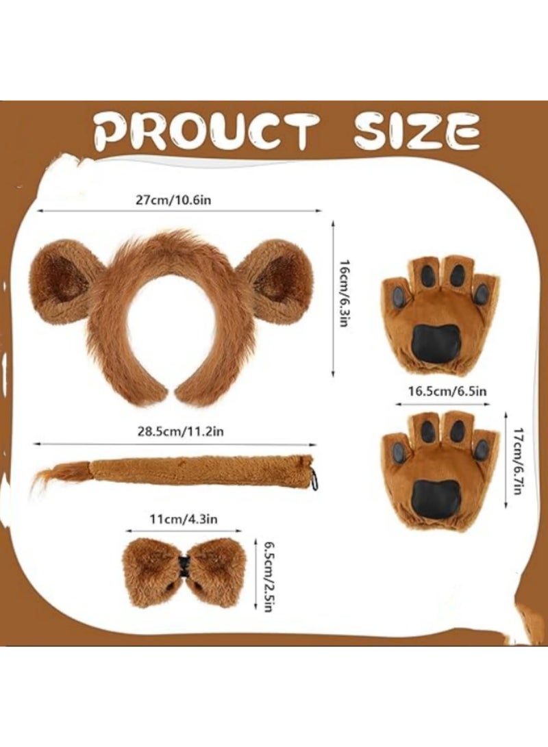 5Pcs Lion Costume Set for Kids and Adults with Ears Headband Bowtie Gloves and Tail for Halloween Birthday Party Cosplay Dress Up - Image 3