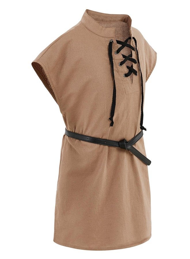 Runcati Boys Kids Renaissance Pirate T Shirts Viking Medieval Sleeveless Lace Up Costume Scottish Cotton Tank Tops - Image 2