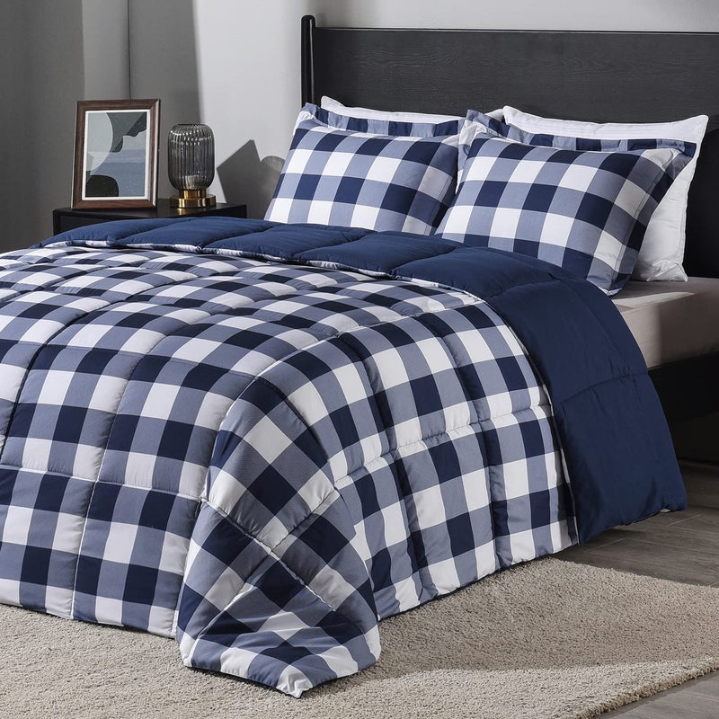 downluxe Lightweight Plaid Comforter Set Queen with 2 Pillow Shams  3Piece Set  BlueWhite Plaid  Down Alternative Reversible Comforter