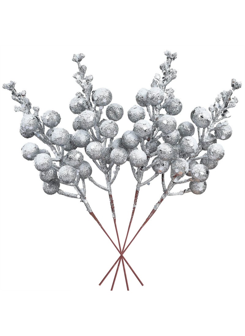Fomlily Fomlily 16 Pack Christmas Glitter Berries Stems  8"" Artificial Christmas Picks Snowy Berry Stems for Christmas Tree Ornaments  DIY Xmas Wreath  Crafts  Holiday and Home Decor (Silver)  - Image 1