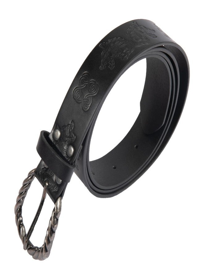 COSFAN Medieval Leather Belt, Viking Fenrir Embossed Leather Buckle Belt Medieval Knight Ring Belt Retro LARP Belt viking Accessory (Black) - Image 2