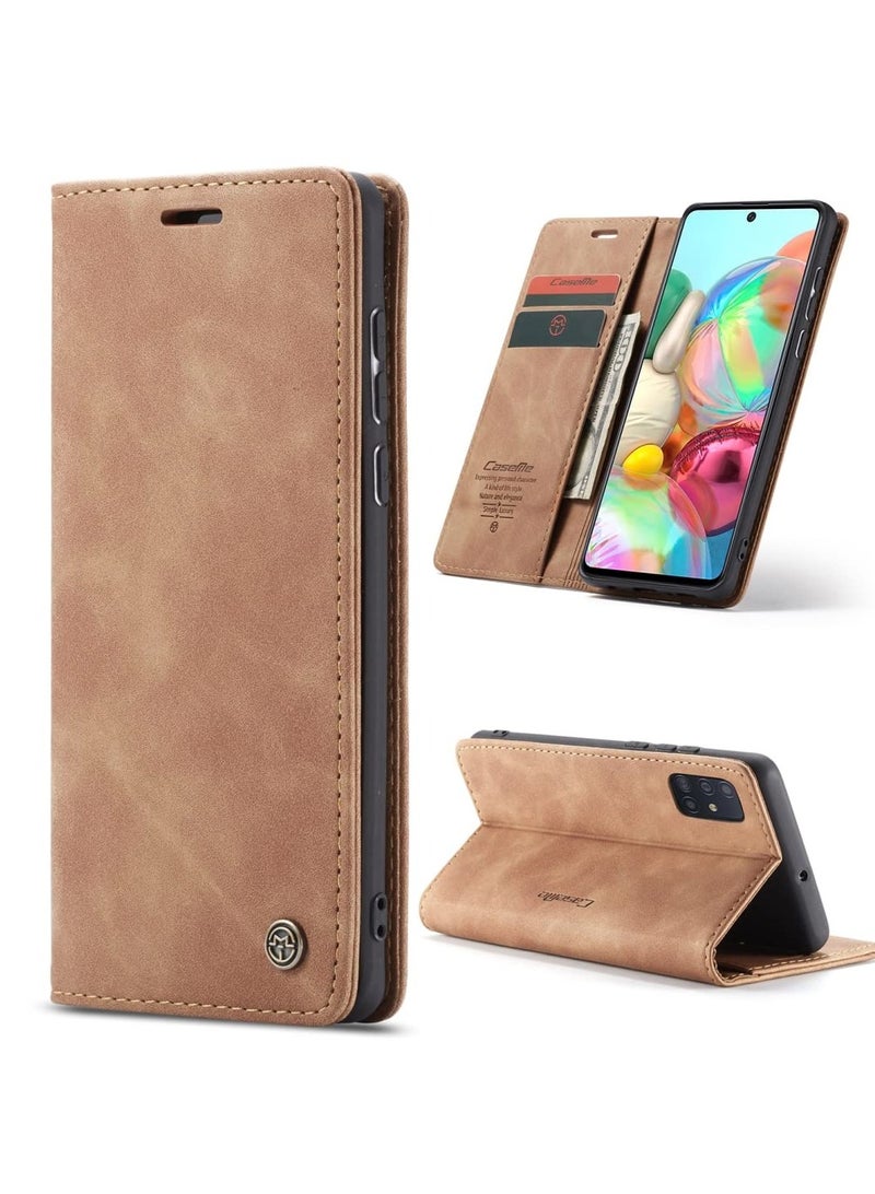 CaseMe Phone Case Luxury PU Leather Design 013 Flip Cover Card Slot Holder Cover For Samsung Galaxy A71 (Brown) - Image 1