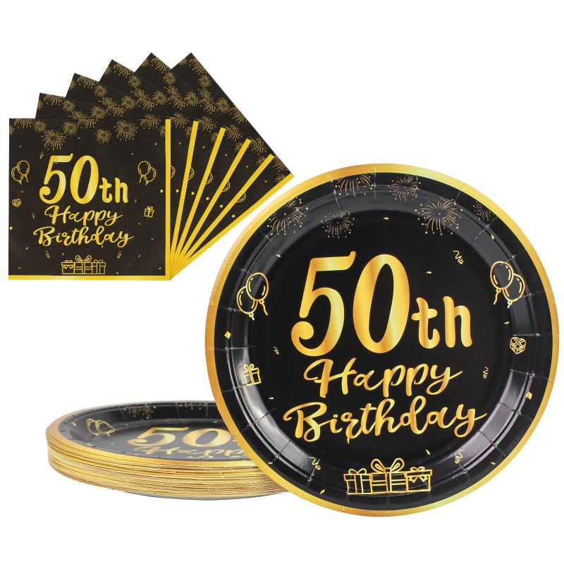 LDFDRT 50th Paper Party Plates And Napkins 50pcs 9" Black Birthday Party Dessert Tableware Happy Birthday Decorations Party Supplies - Image 1