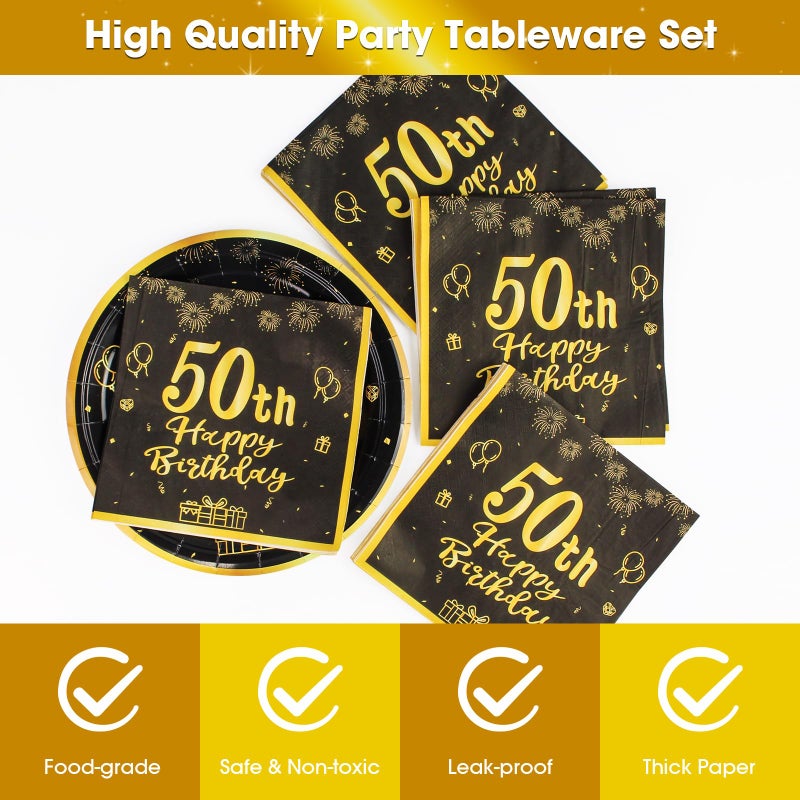 LDFDRT 50th Paper Party Plates And Napkins 50pcs 9" Black Birthday Party Dessert Tableware Happy Birthday Decorations Party Supplies - Image 3