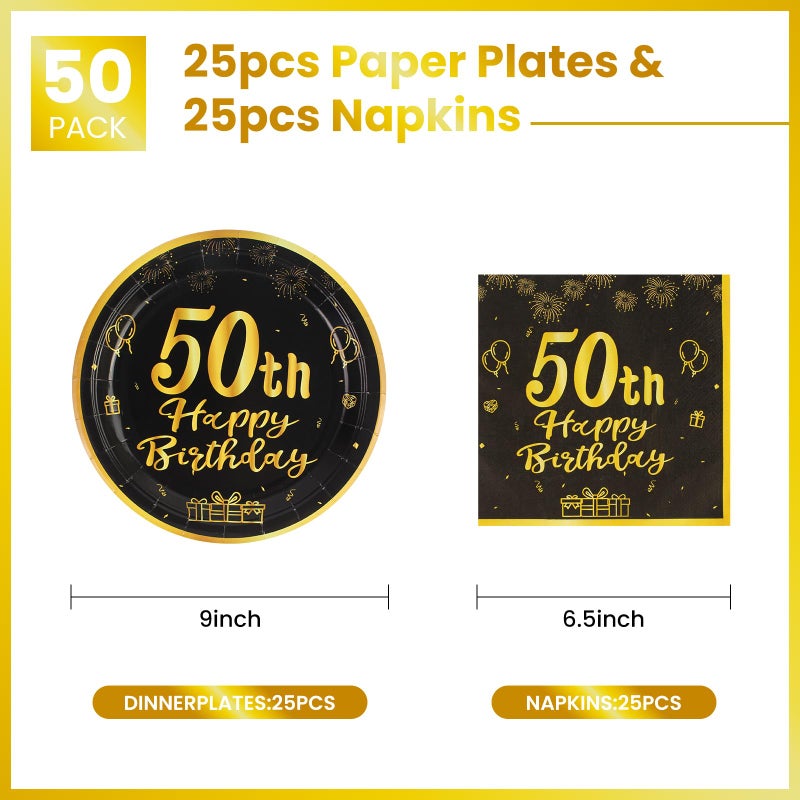 LDFDRT 50th Paper Party Plates And Napkins 50pcs 9" Black Birthday Party Dessert Tableware Happy Birthday Decorations Party Supplies - Image 2
