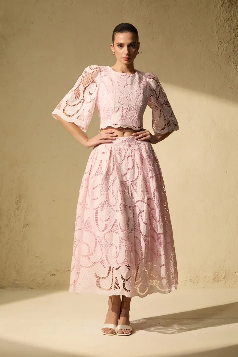 سنفير Spellbound By You Pink Lace Bell Sleeve Top & Midi Skirt Set