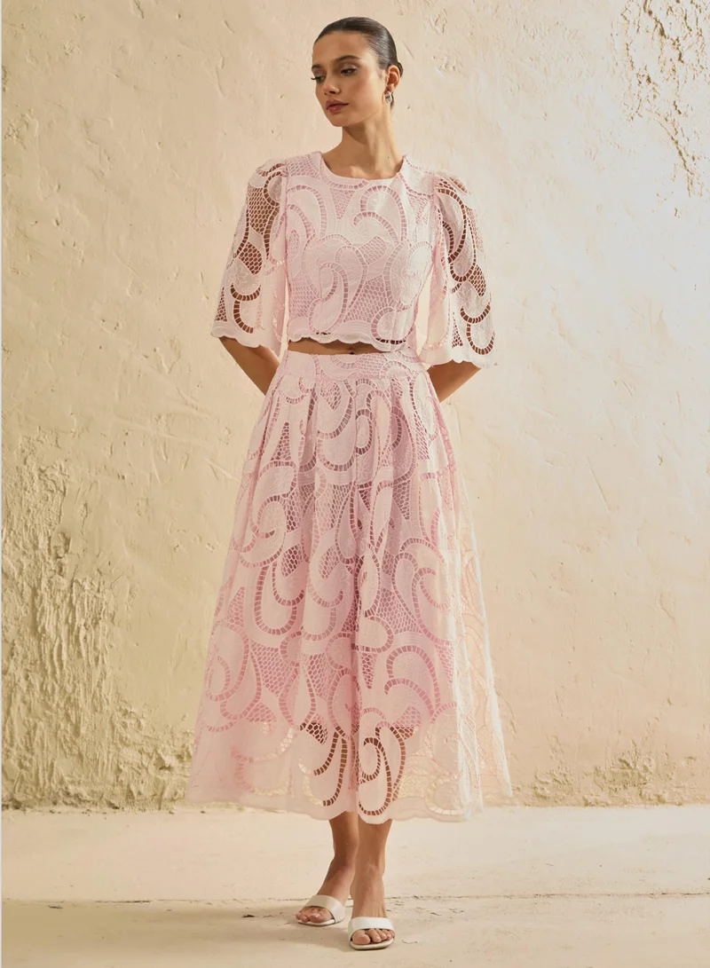 سنفير Spellbound By You Pink Lace Bell Sleeve Top & Midi Skirt Set