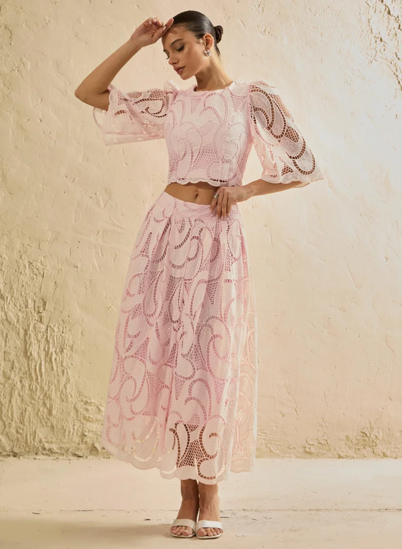 سنفير Spellbound By You Pink Lace Bell Sleeve Top & Midi Skirt Set