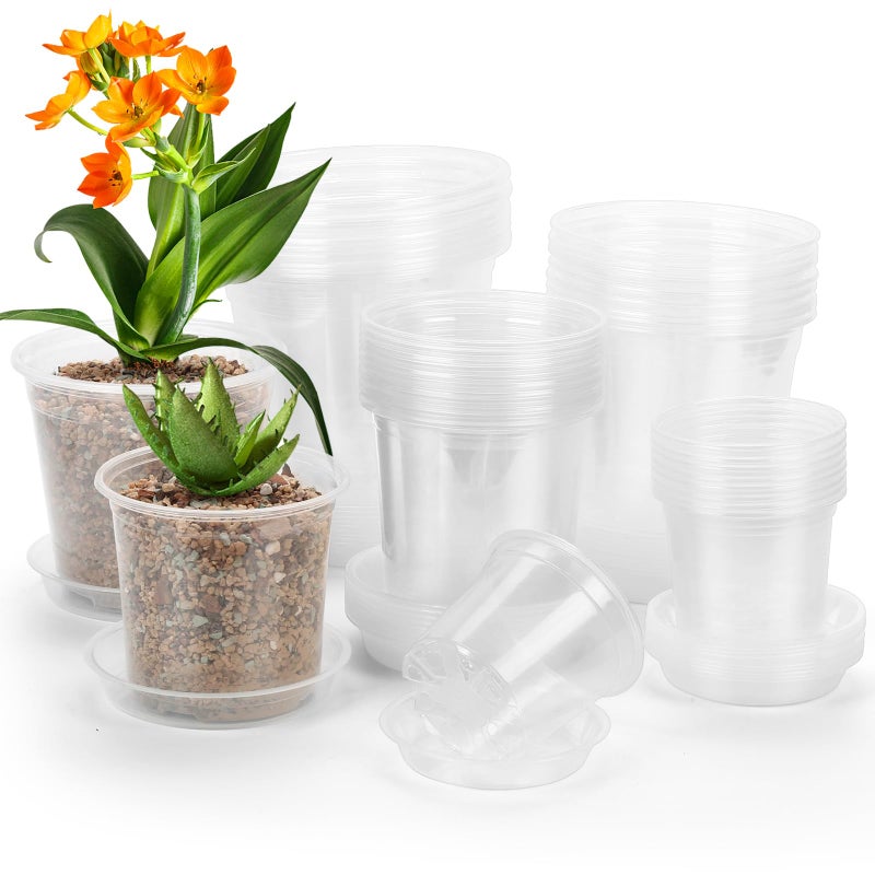 DUNPUTE 40 Pack 4567 Inch Clear Nursery Pots with Drainage and Saucer Clear Plastic Planter Pots for Plants Flexible Seed Starting Pots for Succulents Small Herbs Annual Flowers
