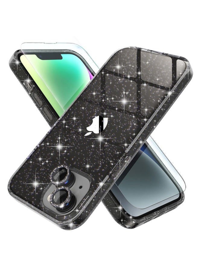 Choiche Compatible for iPhone 14 Case Women Phone Case, Cute Bling Sparkly, Military Grade Drop Protection, 2 Diamond Camera Lens Covers, 2 Tempered Glass Protectors, 6.1 inch (Glitter Black) - Image 1